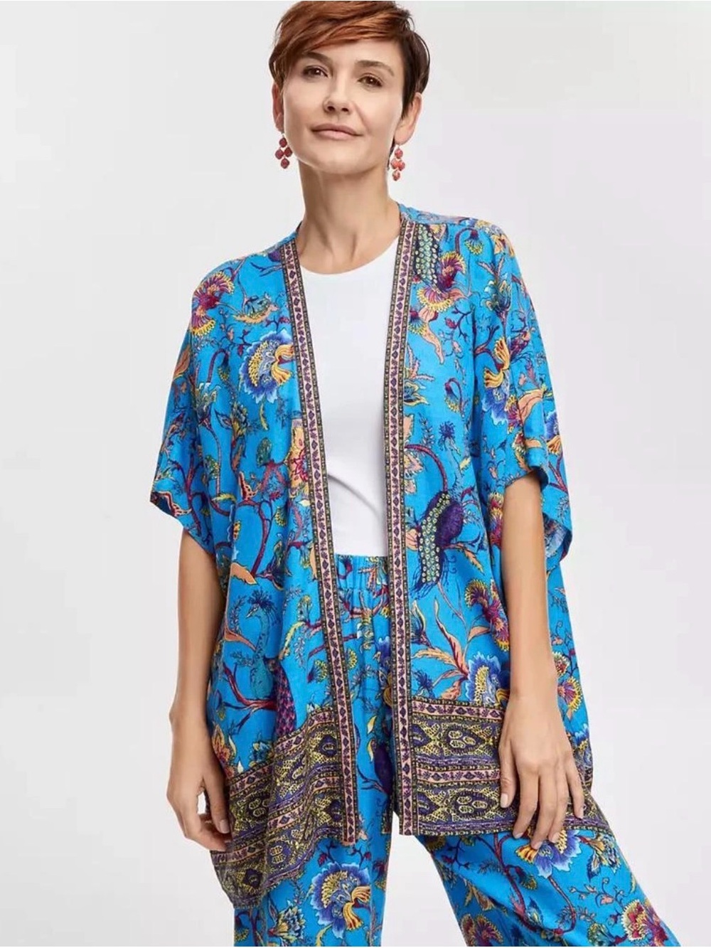JM Collection Blue Multicolor Floral Open Kimono